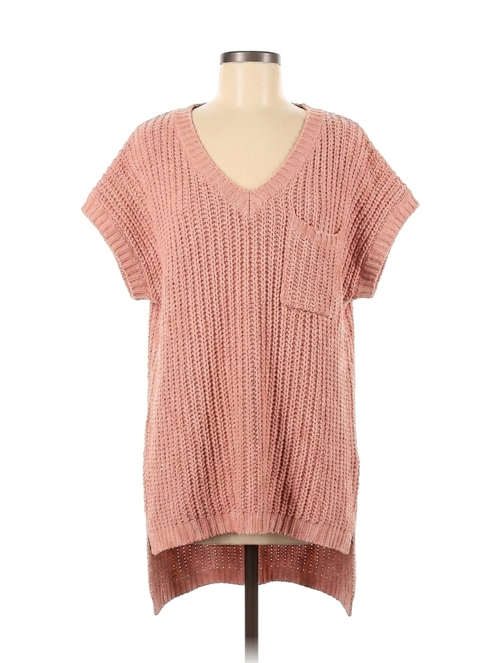 NEW POL high-low short sleeve chenille sweater in salmon pink